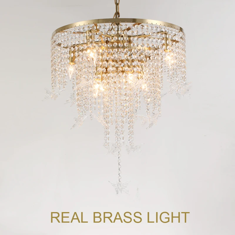 Copper glass crystal chandelier light LED hanging lamp for stair loft high ceiling LED chandelier light round butterfly lamp