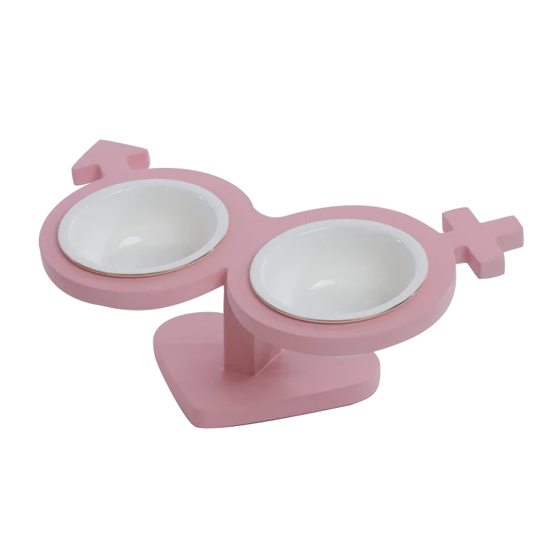 Pink Горячая кормушка для домашних животных, кошек, собак, миска для питьевой воды для собак, кошек, высокотемпературная Керамическая миска с деревянным держателем, нескользящая - Color: Pink