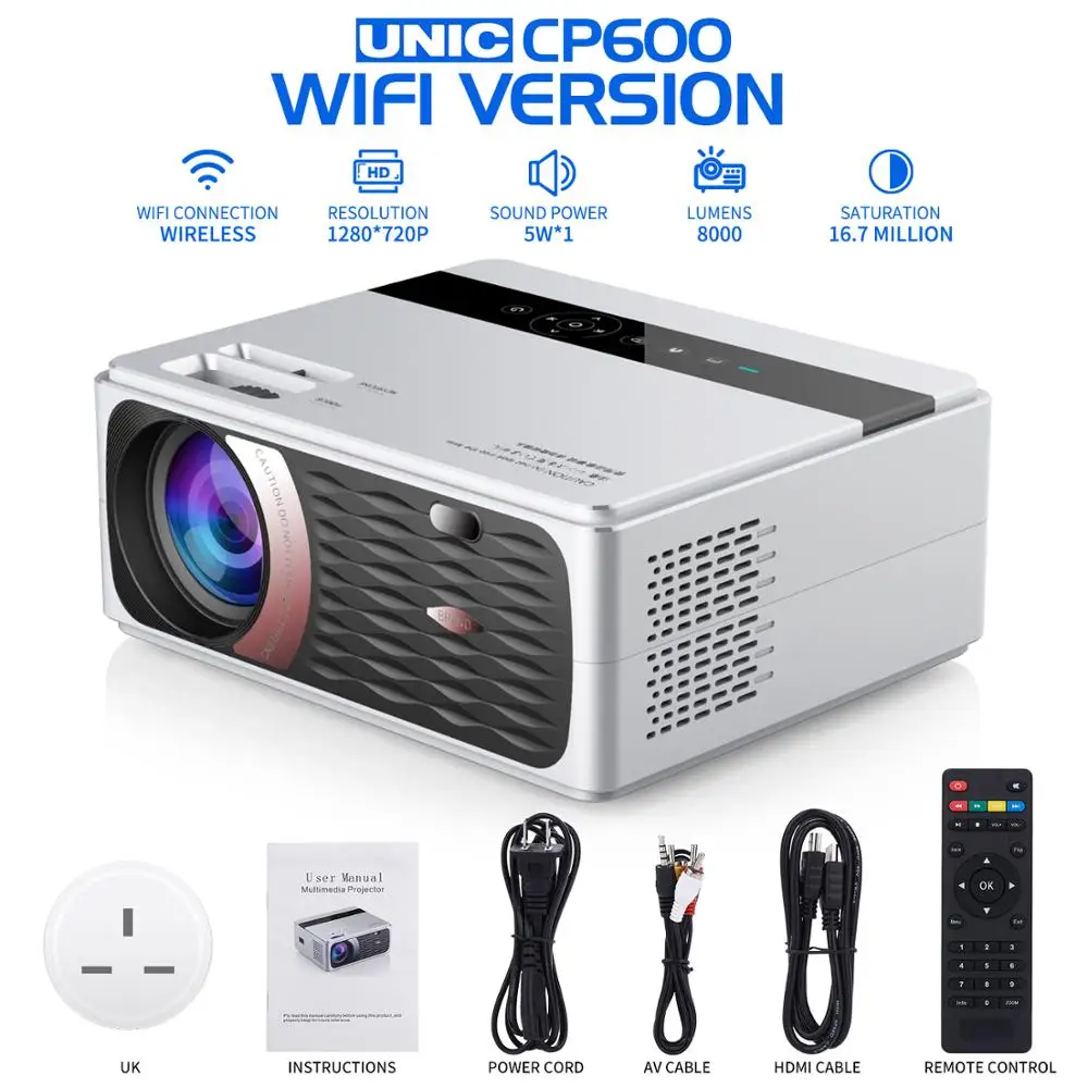 upgrade wifi UK plug UNIC CP600 55 Вт Full HD 1080P проектор 4K 8000 Люмен кинопроектор проектор для Android WiFi hdmi VGA AV USB порт - Цвет: upgrade wifi UK plug