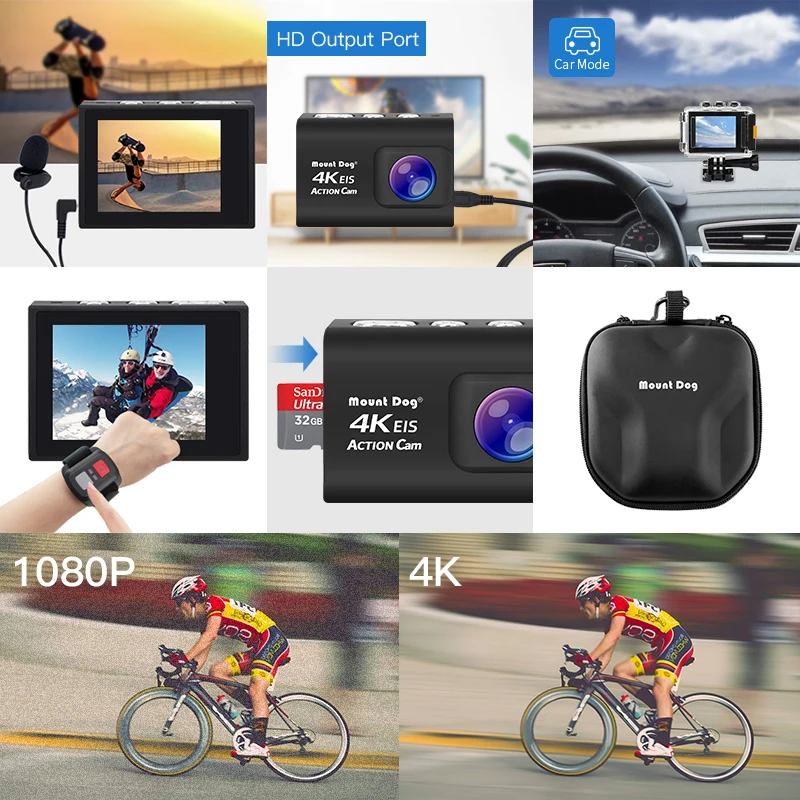HD 4K WiFi Спортивная экшн камера с функцией EIS 30 м водонепроницаемый пульт