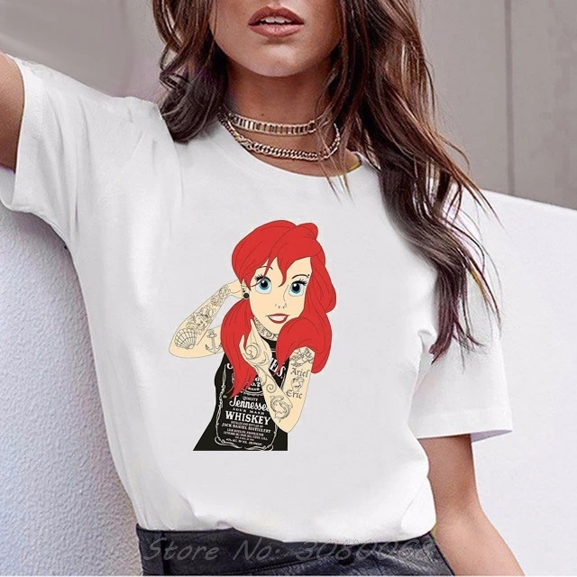 Белоснежка Vogue футболка Женская мультфильм красные волосы татуировки Алиса принцесса печати Хлопок Топ Футболка Femme 90s Harajuku уличная одежда