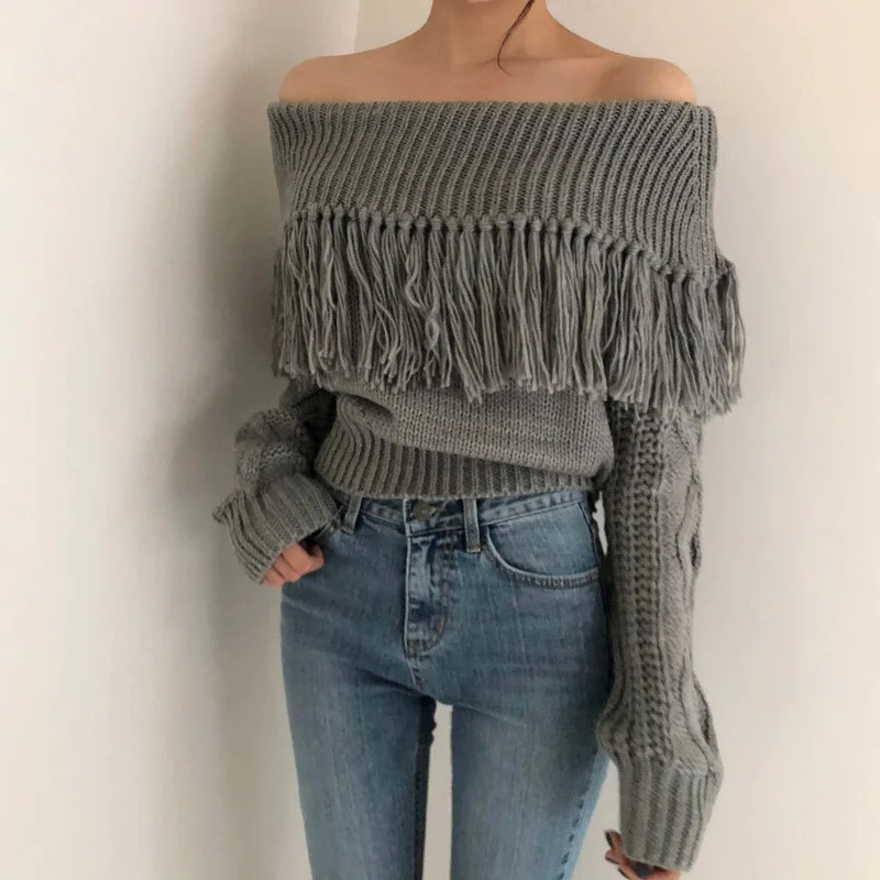 

Womens Pullover Sweater One Word Collar Tassel Knit Pullovers Women Cropped Sweater Women's Jumper