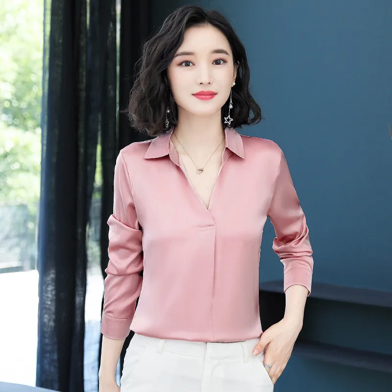 

Korean Fashion Silk Women Blouses Office Lady Shirt and Blouse Satin Long Sleeve Women Tops and Bloues Plus Size Blusas Largas