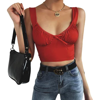 

Women 2020 Summer Tied Low Neck Tank Tops Vest Sweet Ladies Pleated Bra Fitted Camisole Summer Camis Cropped Top Streetwear