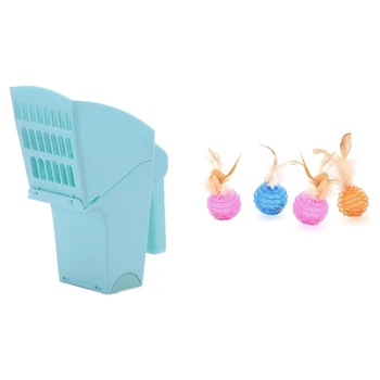

1pcs Cat Litter Shovel Waste Bag Holder Pet Cleaning Tool & 4 Pcs Interactive Cat Ball Toy with Feather Brightly Colored