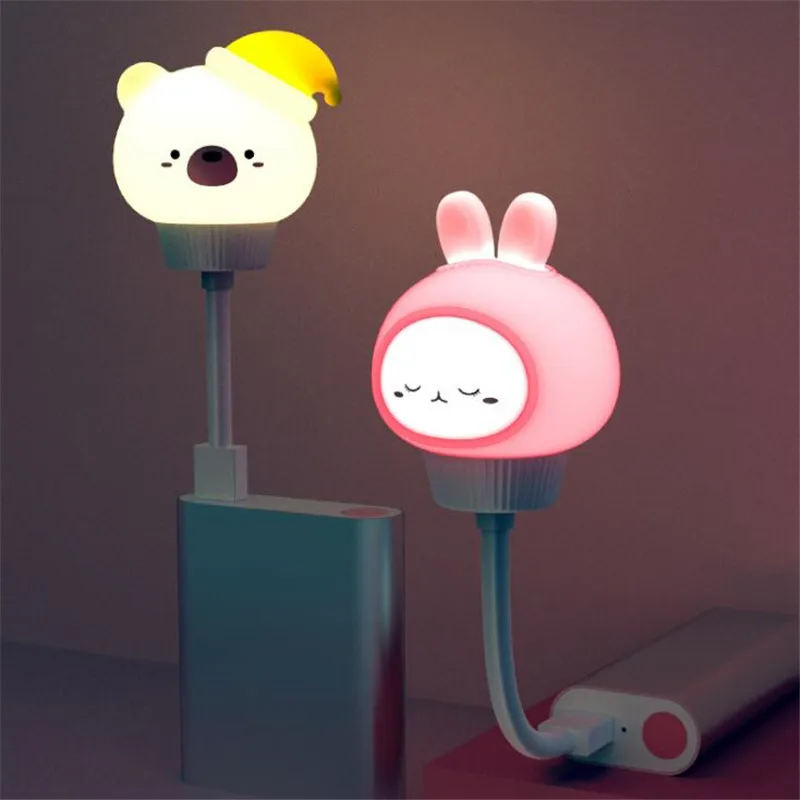 Bear Rabbit Cartoon LED Night Light USB Smart Remote Control Egg Tart Lamp Home Decoration Lampara Bedroom Bedside Kid Gift Lamp