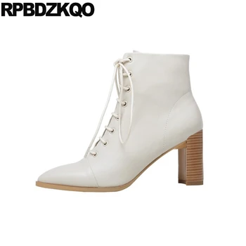 

fur booties white chunky pointed toe front lace up casual ankle boots autumn women designer shoes fall high heel winter short