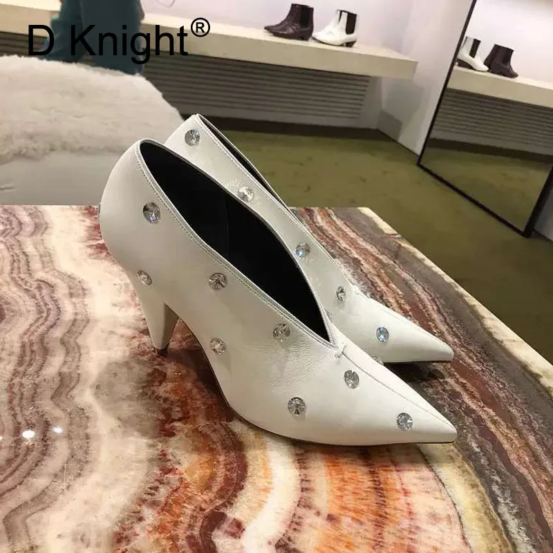 New V-mouth Pumps Women Shoes Sexy Pointed Toe Grandmother Shoe Woman Pumps Shallow Rhinestone Single Lady High Small Heels Shoe
