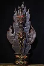 

20" Tibet Buddhism Temple Tiantie Tracing Horse head Vajra 3-sided Mahakala head statue Dorje Vajra Phurba Dagger Holder