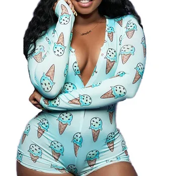 

Women Onesie Fashion V Neck Ice Cream Print Night Suit Long Sleeve Jumpsuit Bodycon Sleepwear Bodysuit Onesies For Adults 2020