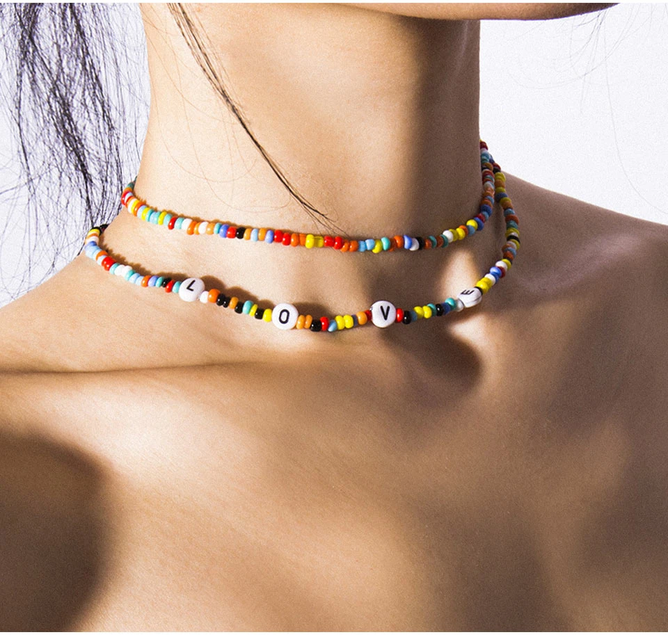 Youvanic, Boho, радужные бусы, чокер, Bff, любовные буквы, ожерелье для женщин, ручная работа, 2 слоистые цепочки на шею, воротник, модное ювелирное изделие 2496