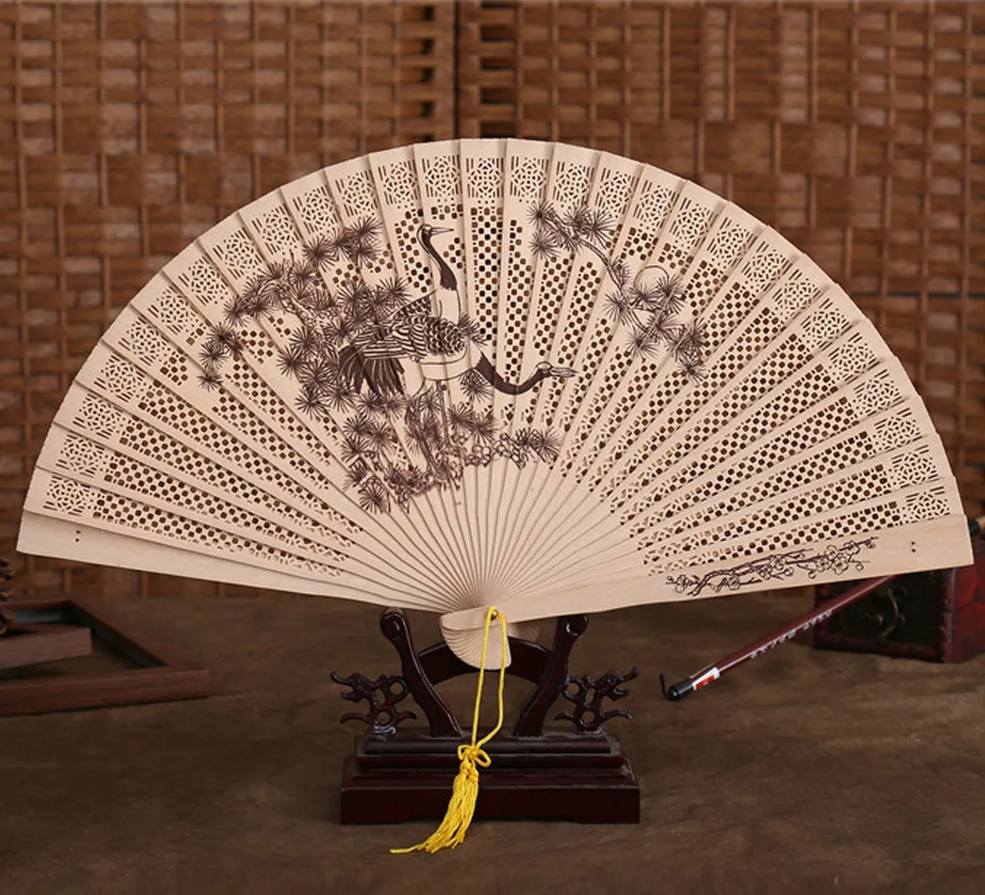 cheap Chinese Traditional Hollow Fan Wooden Hand Made Exquisite Folding Wedding Gift Bamboo Bone Performance Sandalwood Fan#3