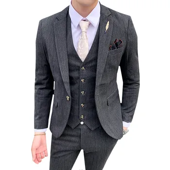 

Striped Business Suit Male Single buckle Dress Formal Wedding Tuxedo Casual Work Suits Set For Men 3 Pieces (Jacket+Pant+Vest)