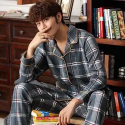 Men's Pajamas Set Large Size Plaid Male PJs Sleepwear Long Sleeves Loose Home Clothes For Man Soft Cotton Sleep Lounge Wear Suit