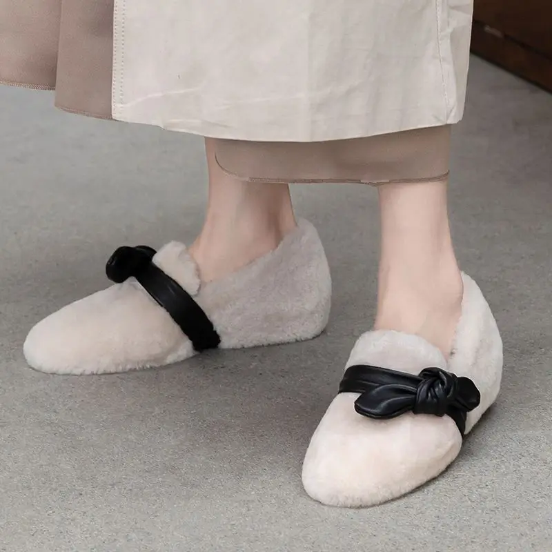 ALLBITEFO high quality Lamb hair high heel shoes Butterfly-knot fashion women heels comfortable Autumn Winter low heel