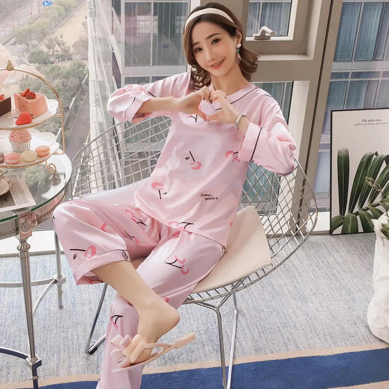 Spring and Autumn New Style Imitated Silk Pajamas Women's Casual V-neck Long Sleeve Tracksuit Home Clothes Printing Pajamas