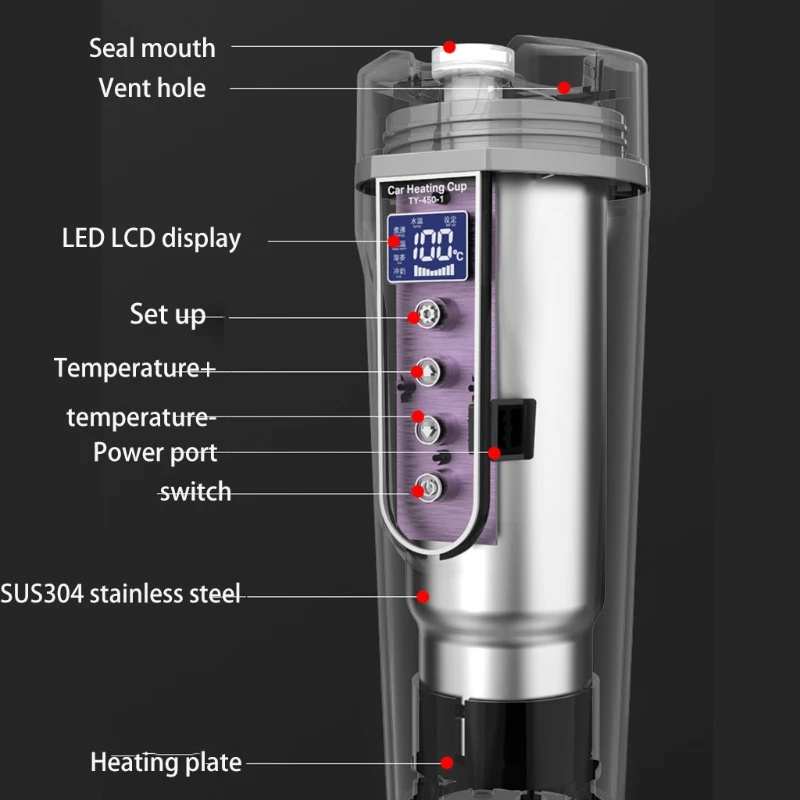 휴대용 자동차 난방 컵, 12V, 24V, 스테인레스 스틸, 물을 따뜻하게 하는 병, 자동차 주전자, 커피 머그잔, LCD 디스플레이 온도
