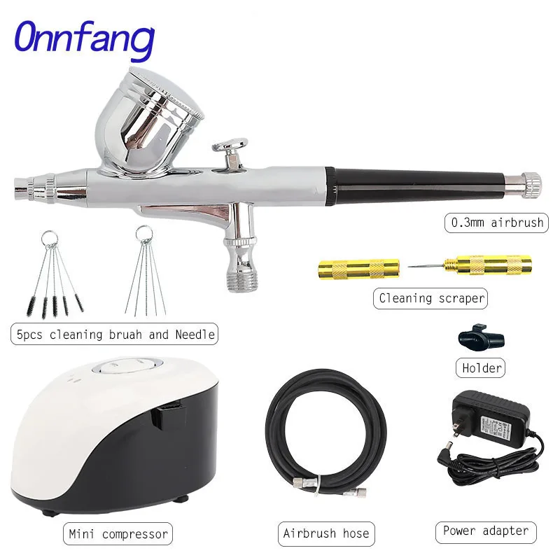 0.3mm White 1302 set Onnfang Горячая набор воздушных компрессоров с двойным действием Аэрограф Краскораспылитель для дизайна ногтей макияж Air-кисть комплект - Цвет: 0.3mm White 1302 set