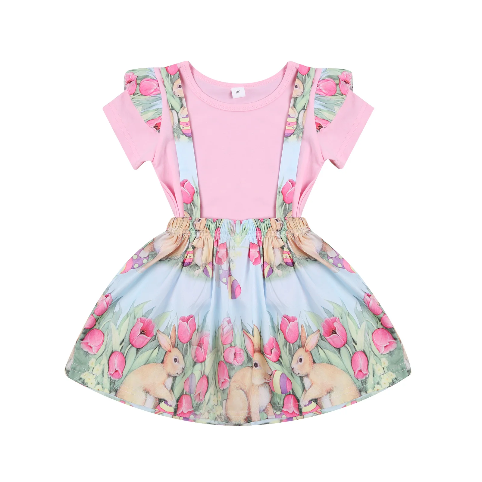 

2020 New Spring 12M-4Y Toddler Kids Baby Girl 2Pcs Set Ruffled Short Sleeve Pink Top+Easter Bunny Flowers Print Suspender Skirt