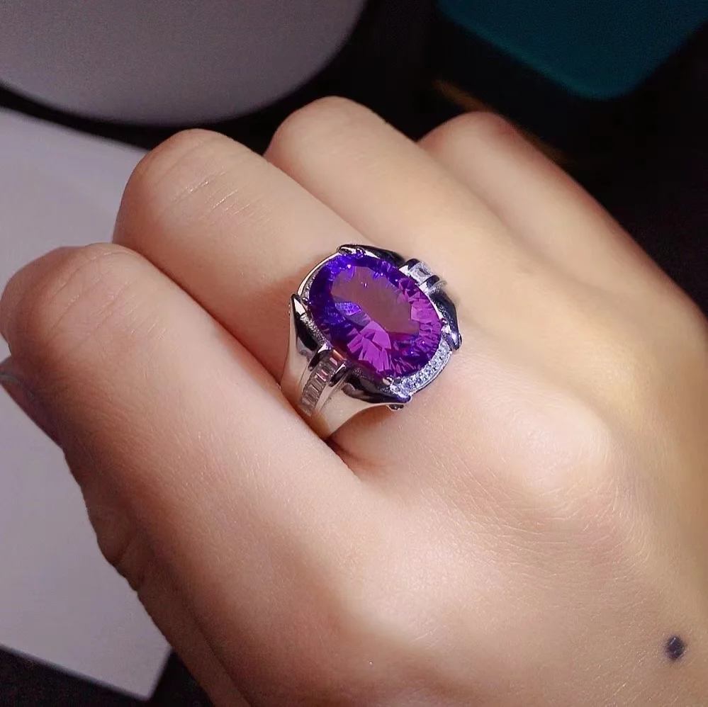 

5ct 10mm*14mm VVS Grade Natural Amethyst Ring for Party Luxury Amethyst Silver Man Ring 925 Silver Amethyst Jewelry