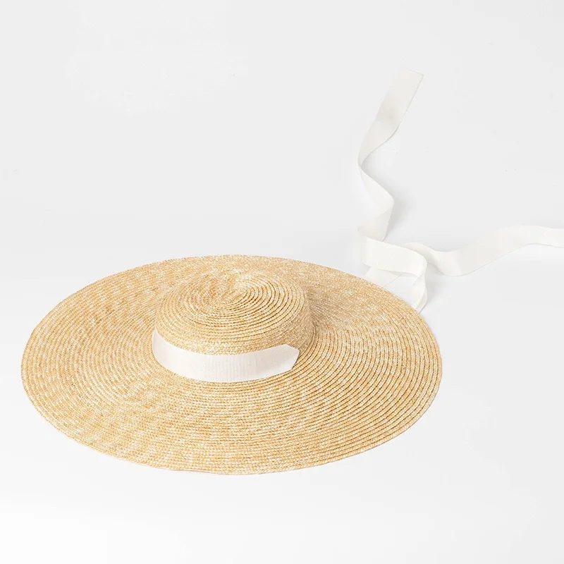 Cappello da sole a tesa larga 15 cm, cappello di paglia piatto per donna, cappelli da spiaggia bianchi e neri con laccetti, cappello laterale da spiaggia, cappello floscio da donna in rafia di paglia_voghion.com