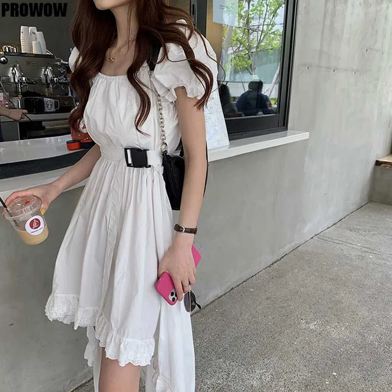 Korean Chic Irregular Short-Sleeved White Dress 2020 Summer Women French Elegant Square Collar Puff Sleeve Waist Midi Dresses