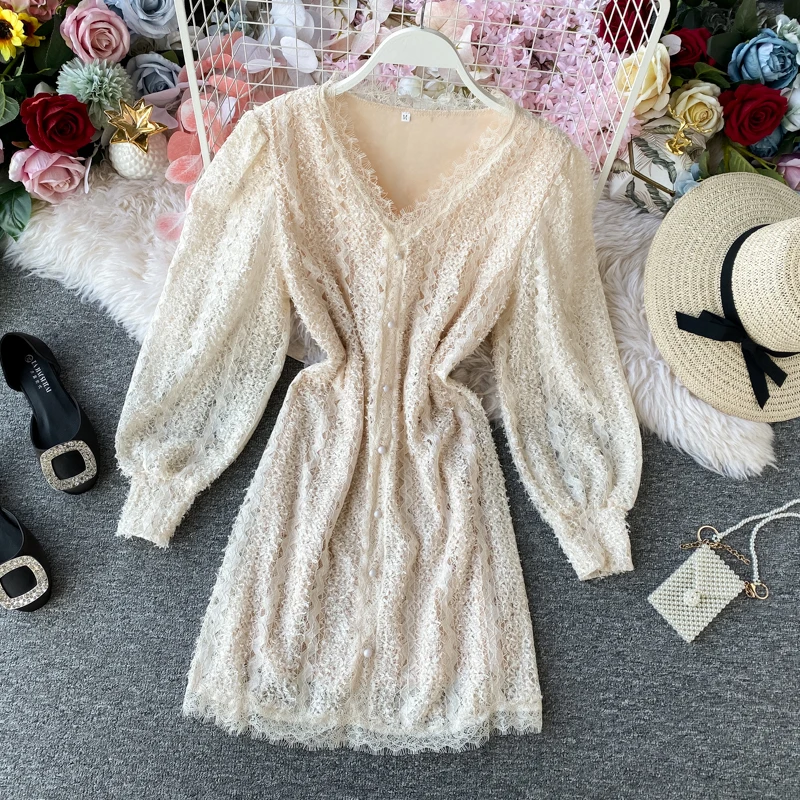 

NiceMix 2020 New Fashion Women Dress Elegant White Party Dress V-neck Long Sleeve Loose High Waist With Sequin Solid Femme Dress