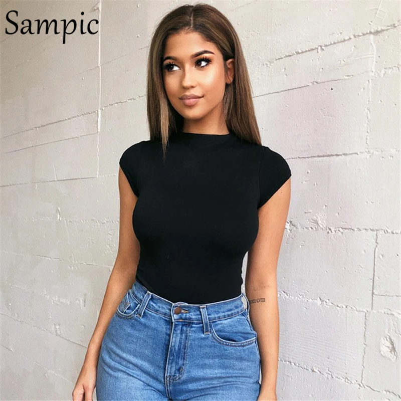 Sampic Short Sleeve Turtleneck Women Casual Bodysuit Tops Femme Elegant Body Black White Top Bodycon Jumpsuit Romper Summer Sampic Short Sleeve Turtleneck Women Casual Bodysuit Tops Femme Elegant Body Black White Top Bodycon Jumpsuit Romper Summer