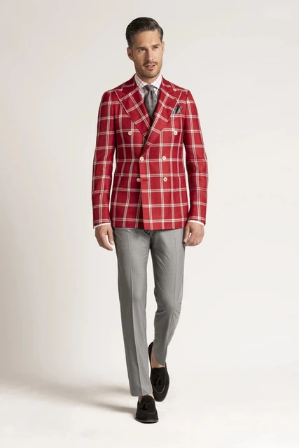 red blazer grey pants