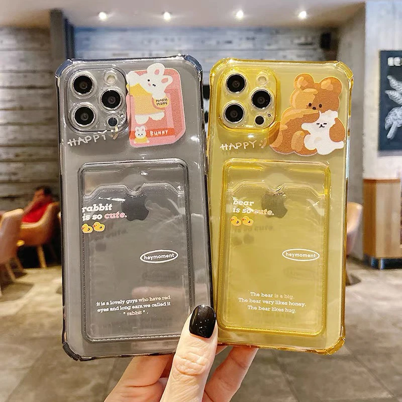 Cute Bear Cartoon Rabbit Shockproof Phone Case For iPhone 11 12 13 Pro XS Max X XR Mini 7 8 6 Plus Soft Wallet Cover Card Holder