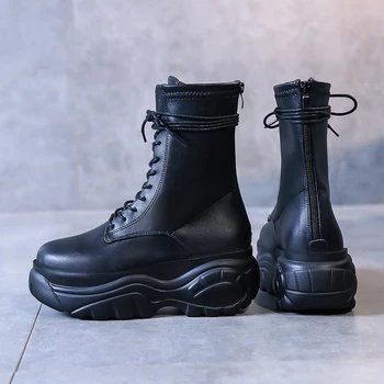 

2020 Fashion Ankle Boots Women High Top Martin Shoes Ladies Black Genuine Leather INS Ulzzang Round Toe Boots Woman Lacing New