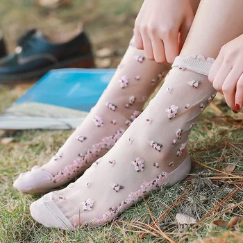 

2020 New Women Girls Soft Flowers Silk Crystal Mesh Anti-skid Transparent Ultra Thin Short Ankle Socks