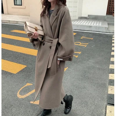Women Overcoat Outwear Coat Korean Winter Long Loose Cardigans Lace Up Full Sleeve Manteau Femme dark khaki