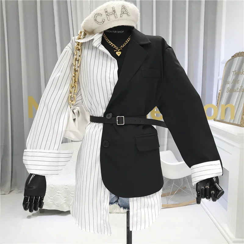 

2020 Summer New Design Jacket and Coat Women Fake Two Casual Jacket Female Patchwork Turn-down Collar Single Breasted
