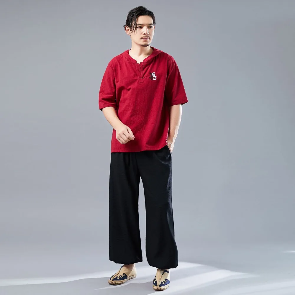 LZJN 2019 Men's Shirt Summer Style Hooded Short Sleeve Blouse Top Men New Casual Embroidery Cotton Linen Shirt Camisas De Hombre (8)