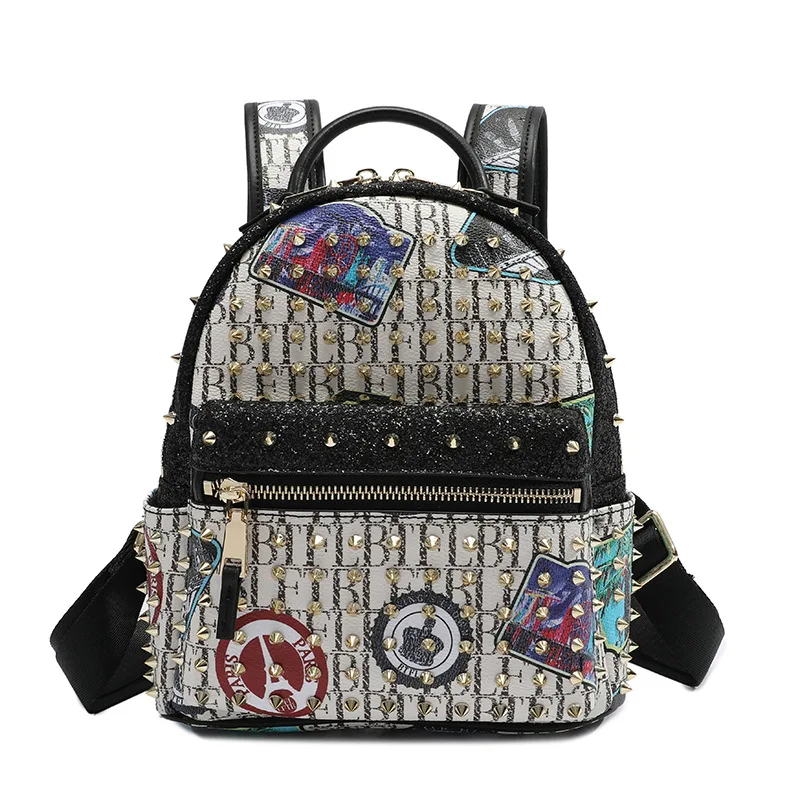 

Graffiti Print Women Shoulder Bag Rivet Backpack Genuine Leather Geometric Purse Handbag High Qulity Drop Shipping Graffiti-art