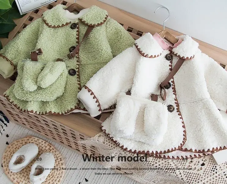 Medium and small children's lambskin blouse with bag winter new girls wool sweater coat Lapel long sleeve warm clothes
