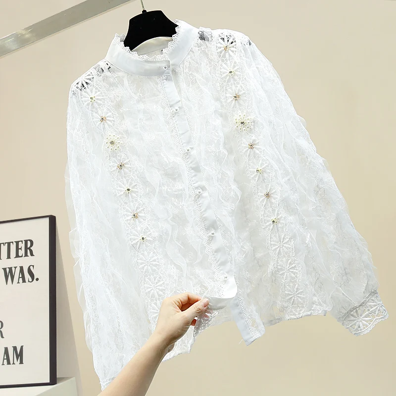 

Lace Blouse Woman Spring New Beaded Three-dimensional Flowers Lace Panel Cutout Transparent Shirt Women's Blouses and Tops Blusa