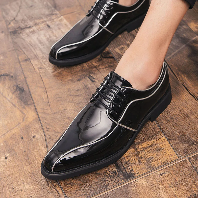 Merkmak Pointed Toe Men Shoes Fashion Lace-up Oxfords Shoes Big Size Business Formal Leather Shoes for Party Wedding
