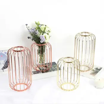 

1Set Luxury Nordic Style Glass Iron Art Vase Rose Gold Geometric Shape Flowerpot Accessories For Home Wedding Decoration