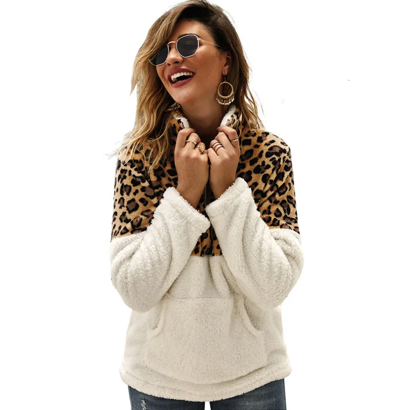 

Winter Fleece Sweaters Women Leopard Patchwork Thick Warm Soft Fluffy Oversized Sweater Pull Femme Long Sleeve Zipper Pullovers