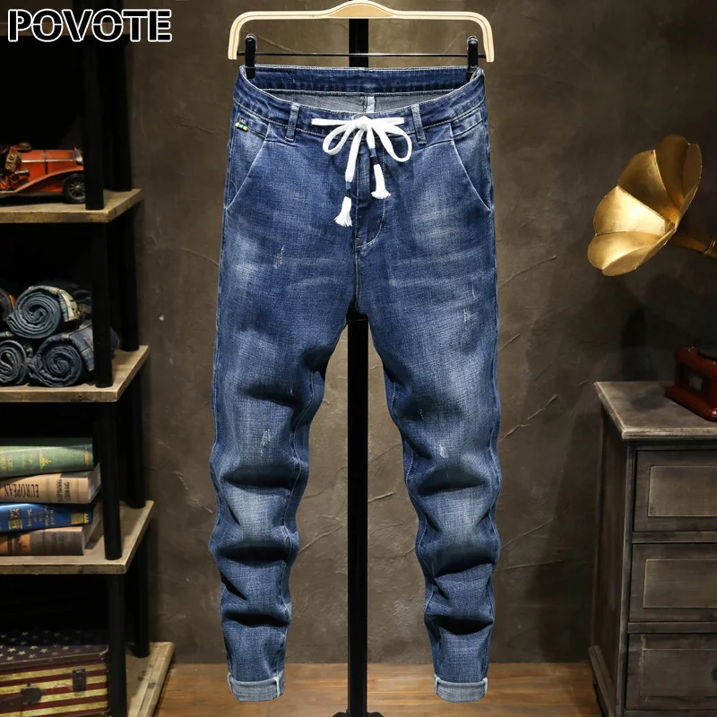 

POVOTE spring and autumn men's elastic cotton jeans pants loose fit jeans pants men's brand fashion wear washed jeans pants
