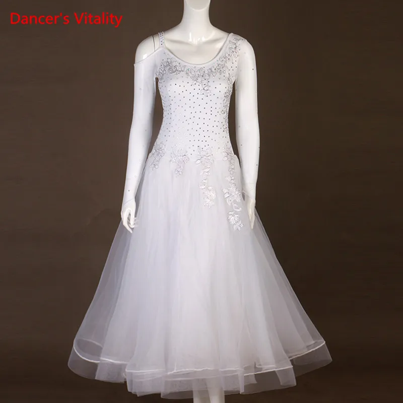 Customize White Rhinestones Ballroom Dance Dresses Women's Waltz Dress Pattern Ballroom Dance