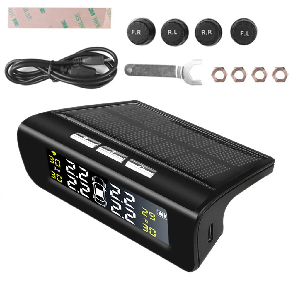 

Car TPMS Solar Tire Pressure Monitoring System 4 sensors Solar Power USB Auto Security Alarm tool Tyre Pressure gauge meter