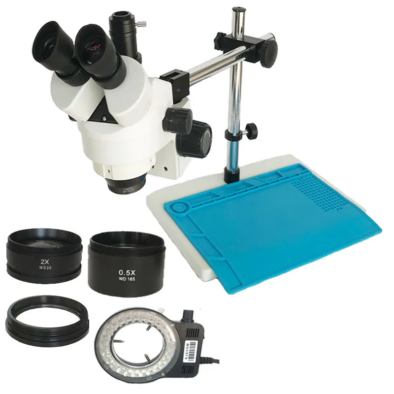 

Adjustable Dual Arm support 3.5X 7X 45X 90X industrial Trinocular stereo microscope electronic 56 led lights phone microscopio