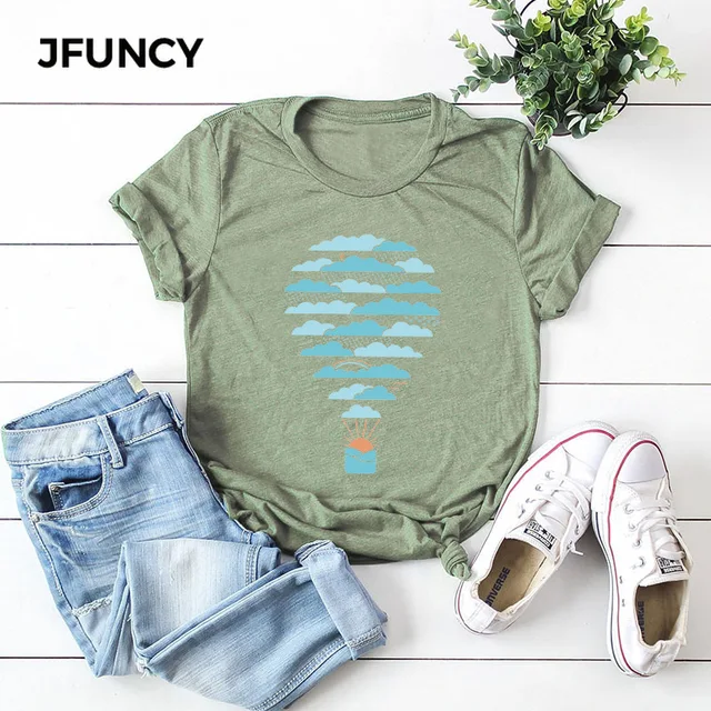 Jfunfy-Camiseta con impresión de globo de aire caliente para mujer, camiseta de talla grande de algodón para mujer, camiseta de manga corta para verano, camiseta informal 3