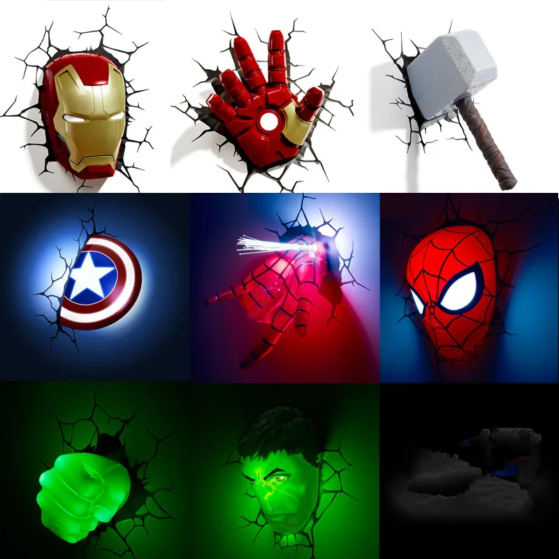 Marvel Мстители светодиодный настенный светильник спальня гостиная 3D креативный светильник Ironman для человека-паука Халка Дэдпула Капитан Америка Quake