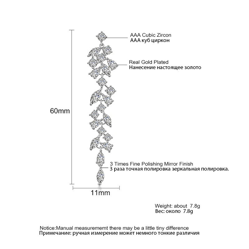 ZAKOL Newest CZ Zirconia Crystal Leaf Long Drop Earrings for Elegant Women Bridal Wedding Jewelry Accessories Gift FSEP2232