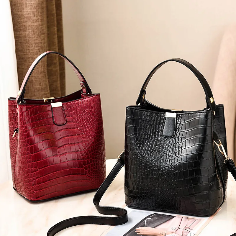 

Puimentiua Retro Bucket Bags Women Pattern Handbag High Capacity Casual Crocodile Shoulder Messenger Bags Ladies PU Purse
