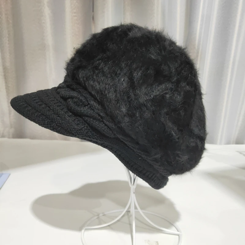 Women's hat winter rabbit hair knitted beret hat winter hats for women caps women fashion winter hat women's knitted hat - Цвет: black